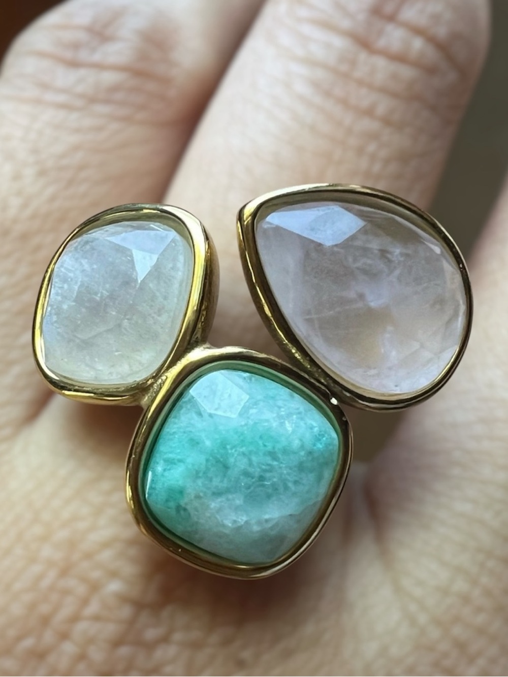 Gold Triple-Stone Ring with Rose Quartz, Amazonite, and Moonstone NWOT